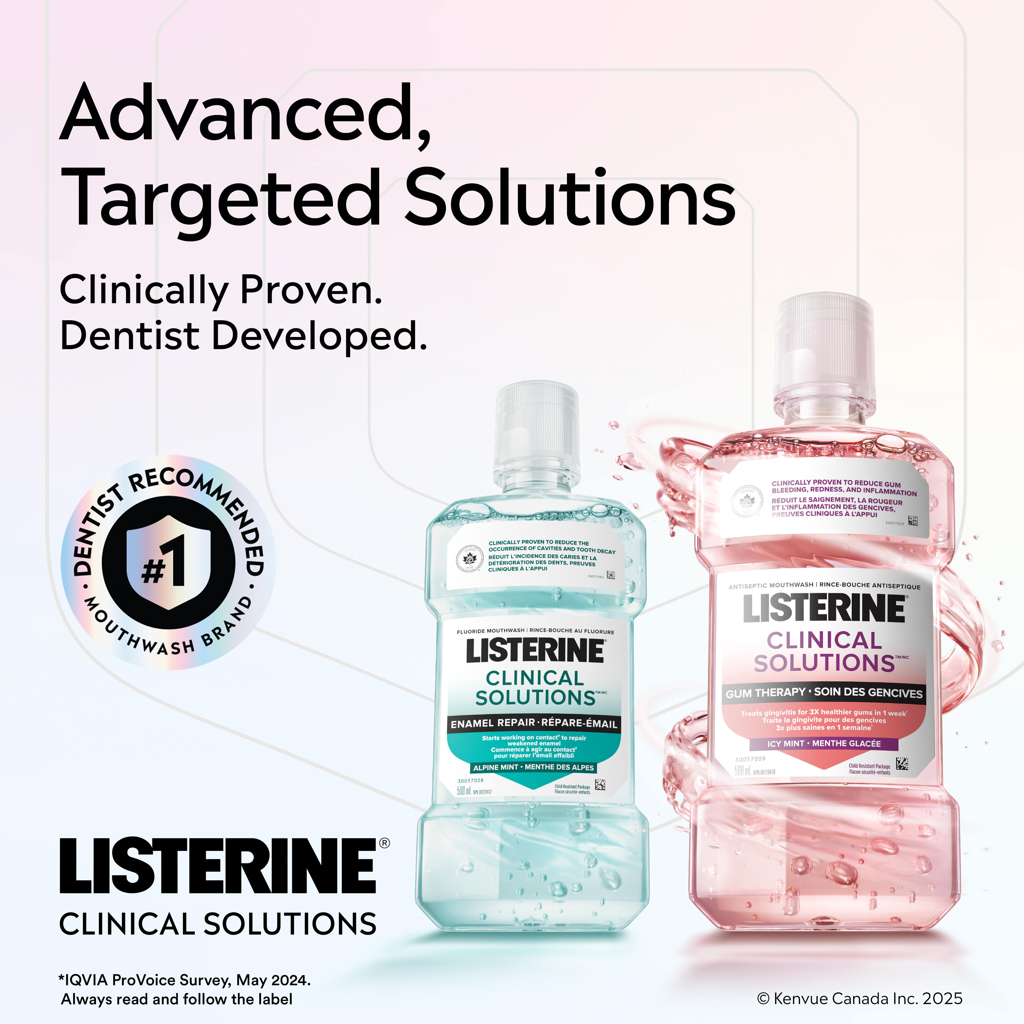 Two Listerine Clinical Solutions Mouthwash bottles for Enamel Repair and Gum Therapy with Dentist Recommended Mouthwash Brand logo