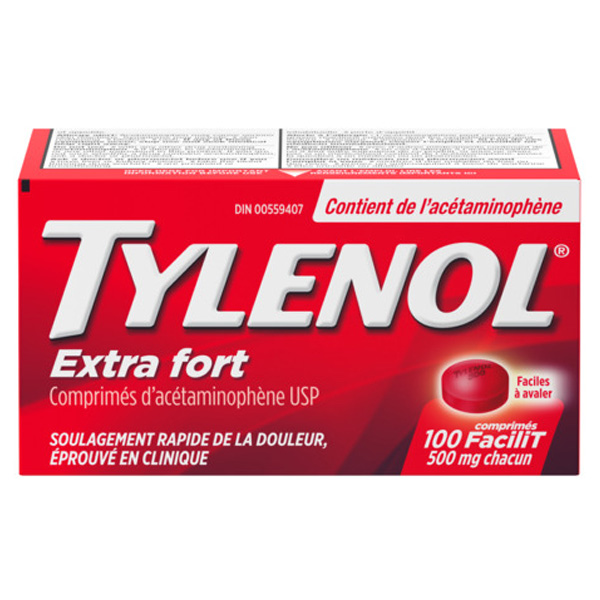 Emballage de 100 comprimés FaciliT TYLENOL® Extra fort (acétaminophène)