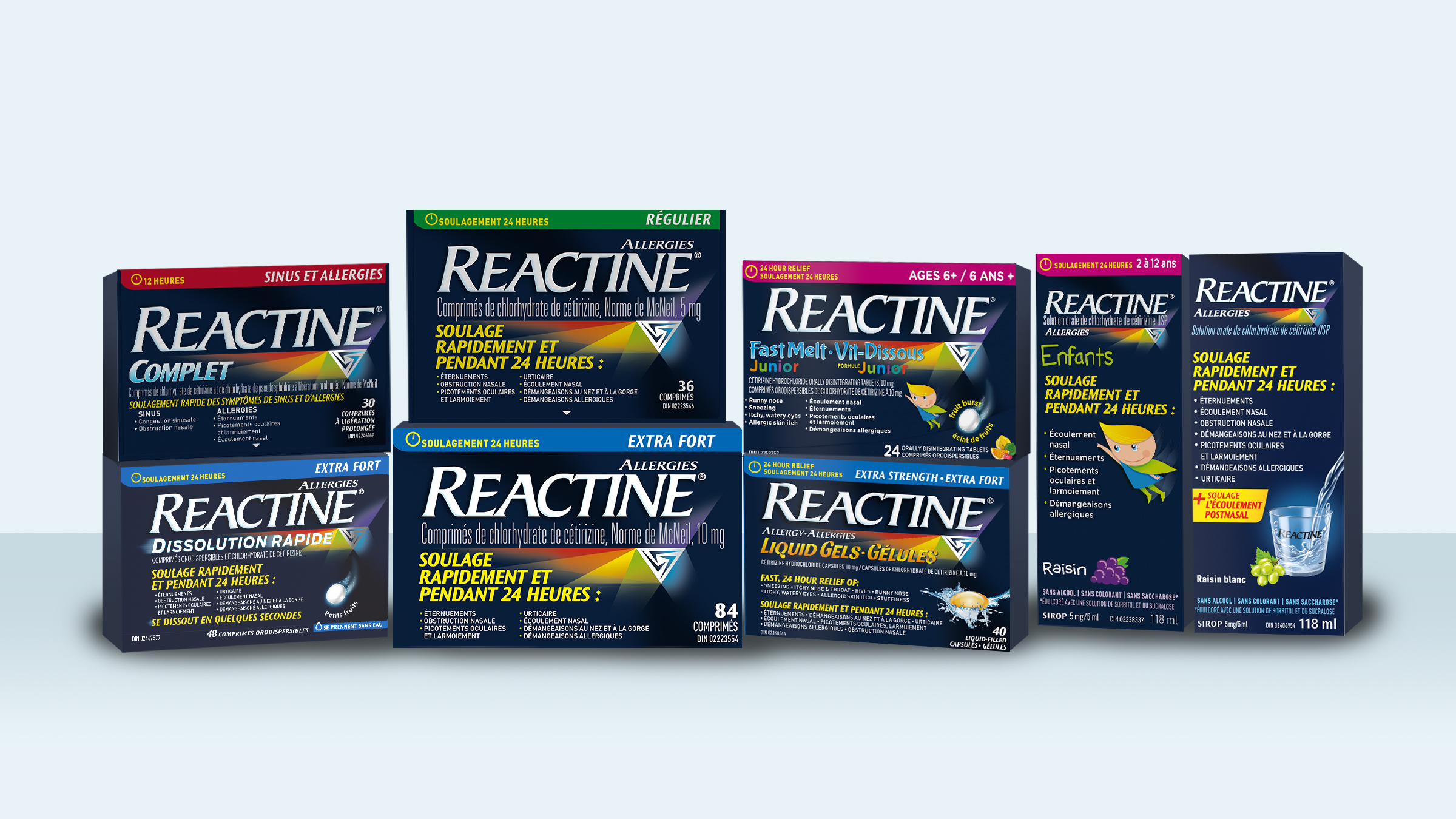 Bannière montrant une vue de face du portefeuille complet de produits pour les allergies REACTINE®