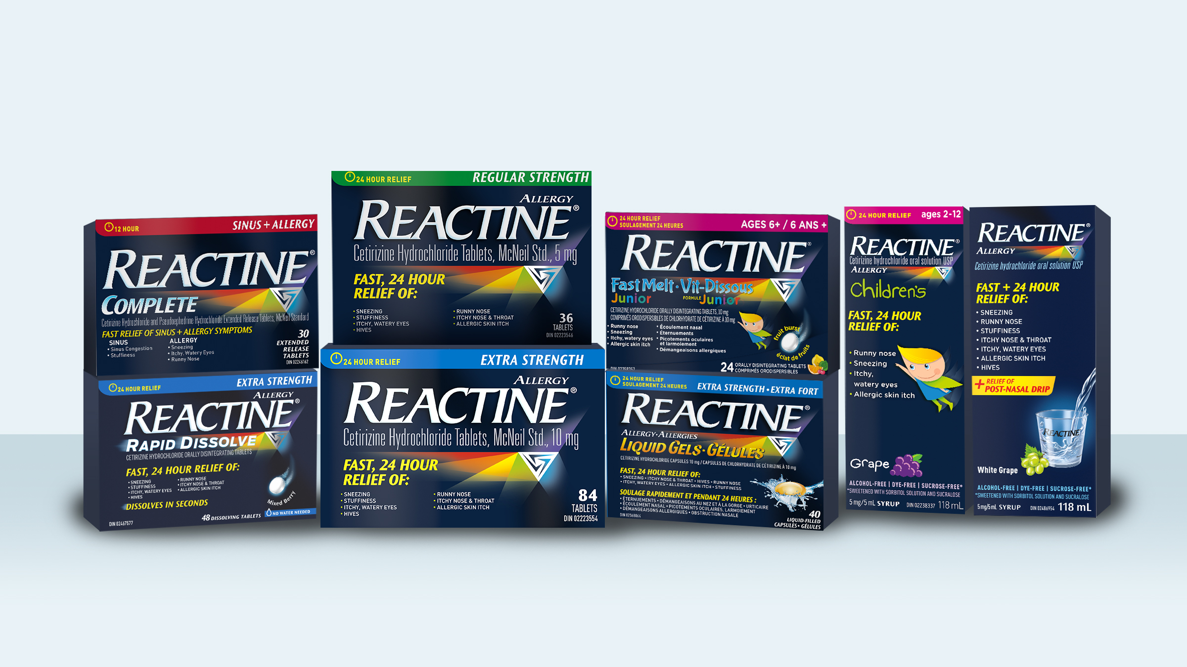 Banner showing front shot of the complete REACTINE® Allergy product portfolio