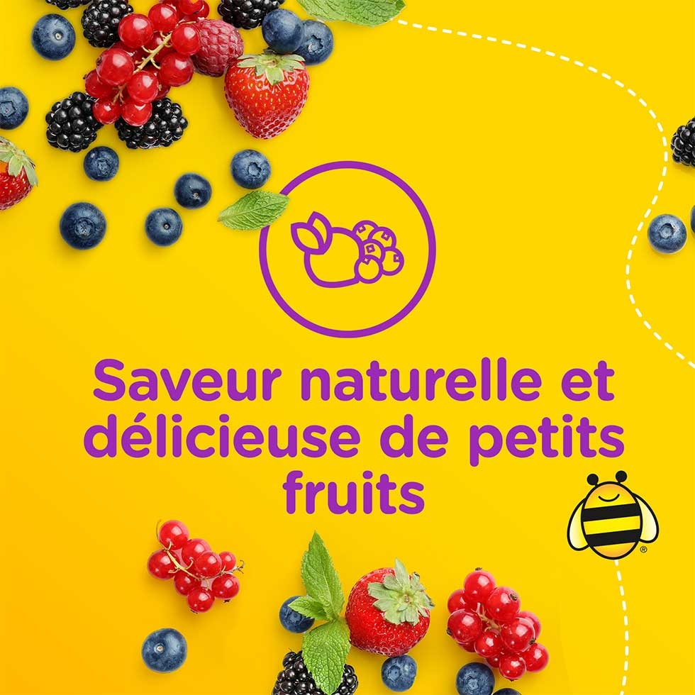 Des baies mixtes répandues sur un fond jaune avec le texte "saveur de baies naturellement délicieuse"