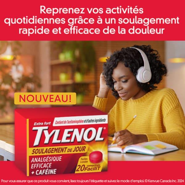 Bannière intitulée « Reprenez vos activités quotidiennes grâce à un soulagement rapide et efficace de la douleur », montrant une femme qui étudie, avec des écouteurs, et une boîte de TYLENOL® Soulagement de jour à l’avant-plan.