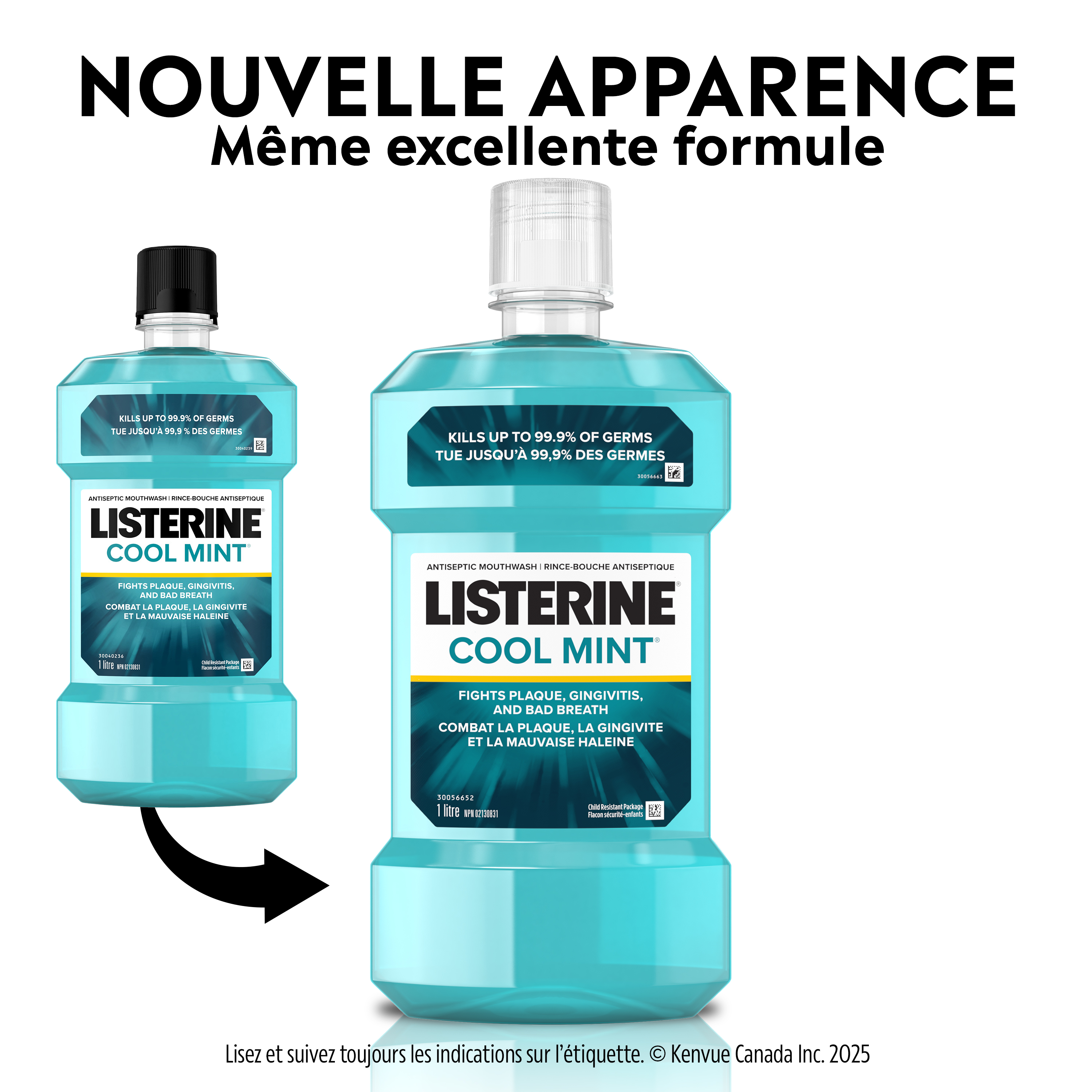 3 flacons de 1 L de rince-bouche antiseptique Listerine®, chacun affichant l’énoncé « Détruit 5X plus de plaque au-dessus de la gencive que la soie dentaire »