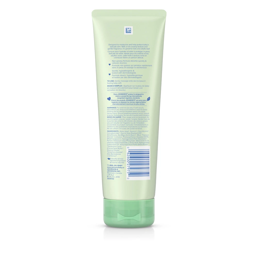 Arrière du flacon de 236 ml de l’huile crémeuse JOHNSON’S® Aloès et vitamine E