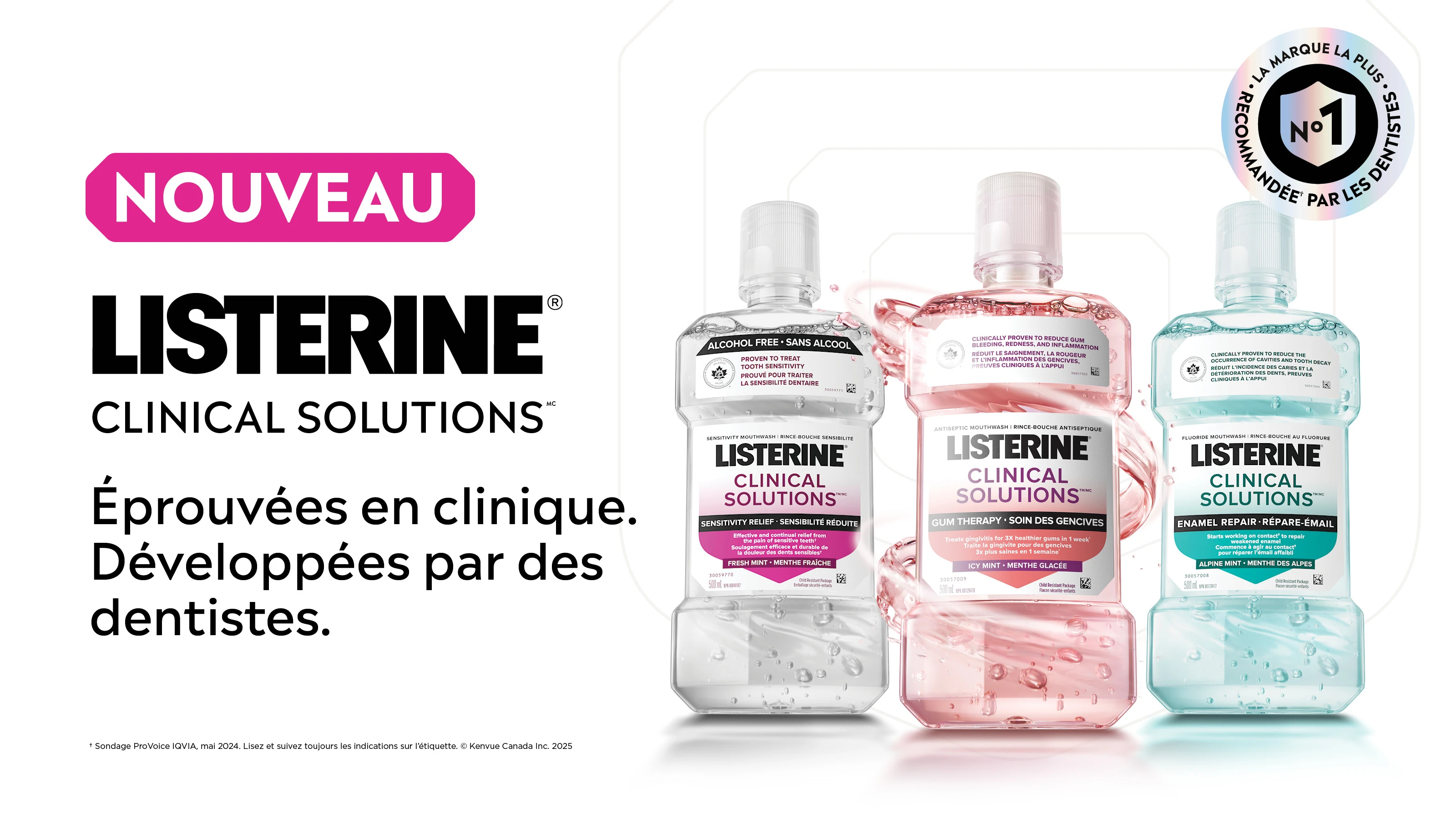 Deux bouteilles de rince-bouche Listerine Clinical Solutions Répare-émail et Soins des gencives , avec le logo de "La Marque La Plus Recommandée Par Les Dentistes"