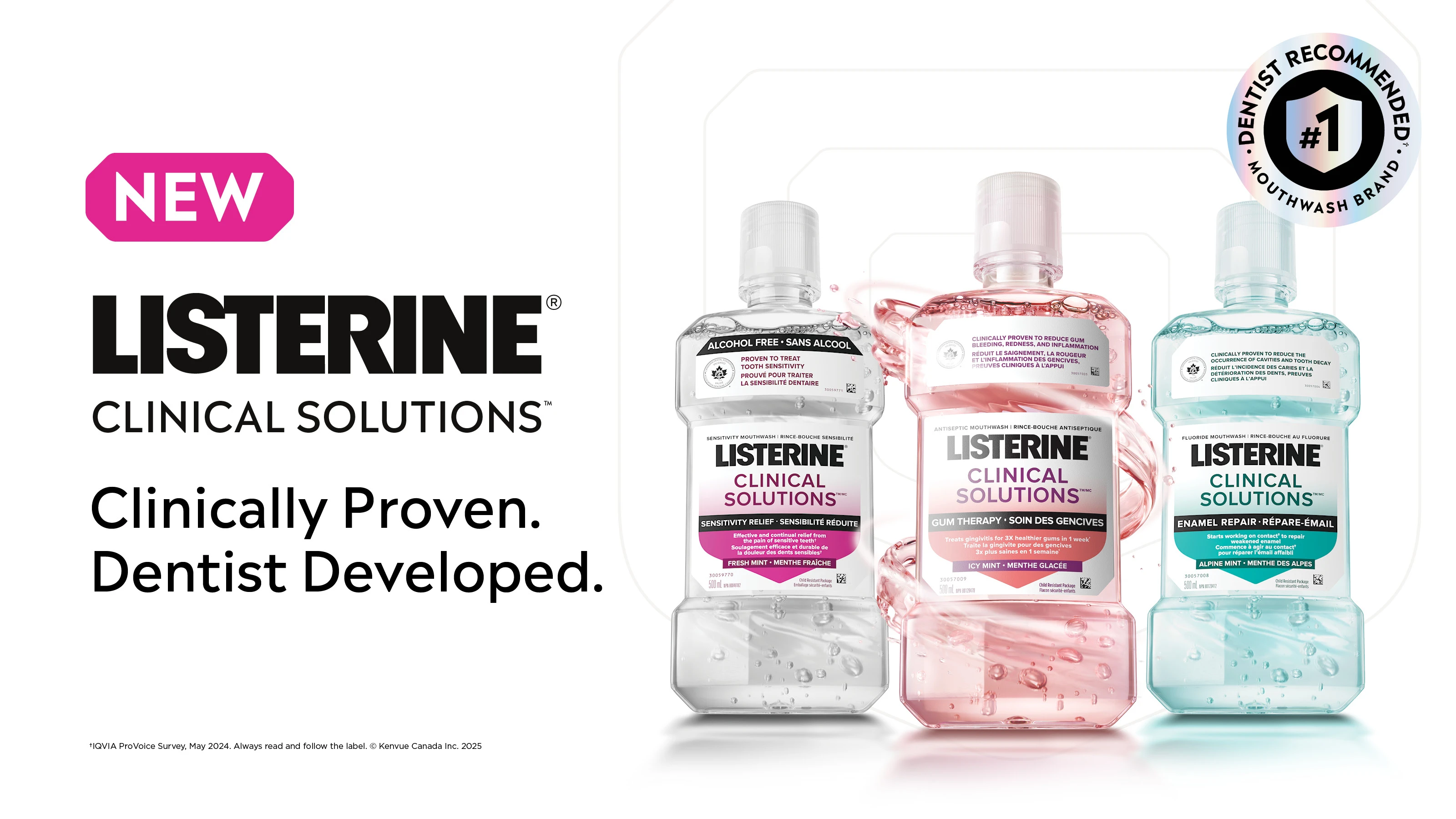 Two Listerine Clinical Solutions Mouthwash bottles for Enamel Repair and Gum Therapy with Dentist Recommended Mouthwash Brand logo