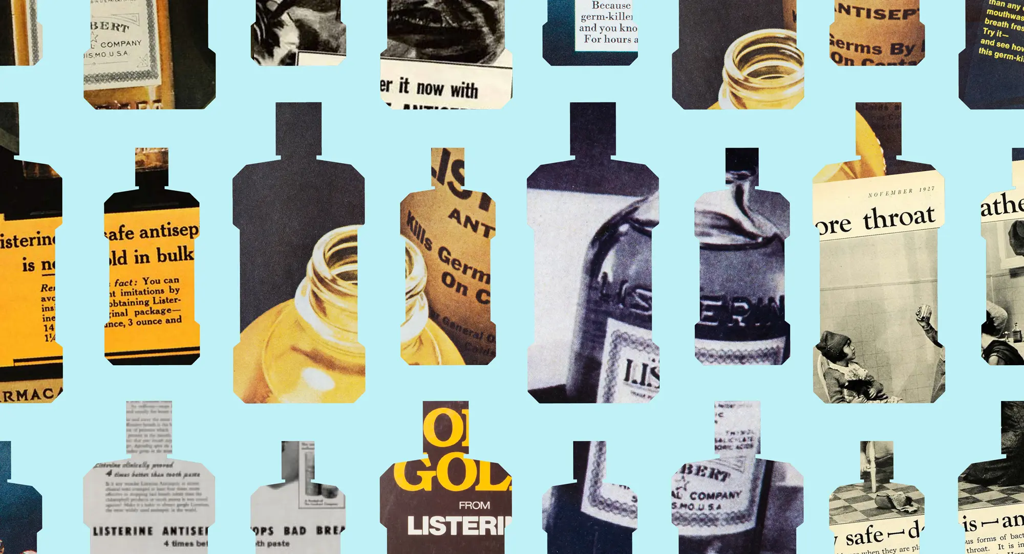 A banner displaying multiple Listerine mouthwash bottles