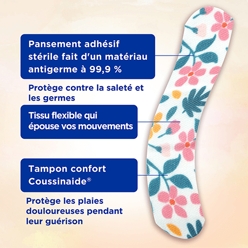 Pansement adhésif de marque BAND-AID® en tissu flexible à motif d'aquarelle et revendications disant « Protège contre la saleté et les germes » et « Protègent les plaies douloureuses pendant leur guérison »
