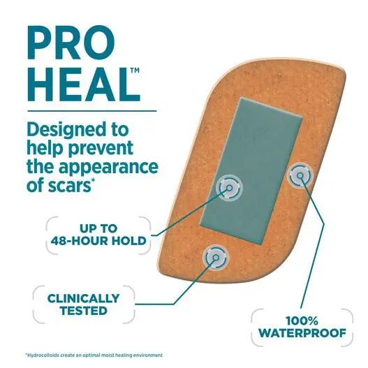 Band-Aid Pro Heal Adhesive Bandages are designed to help prevent the appearance of scars