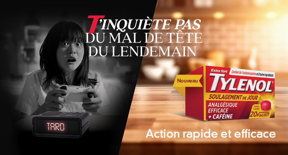 Jeune femme jouant à des jeux vidéo en fin de soirée, TYLENOL® Soulagement de jour et un slogan “Ne craignez pas les maux de tête du lendemain” 