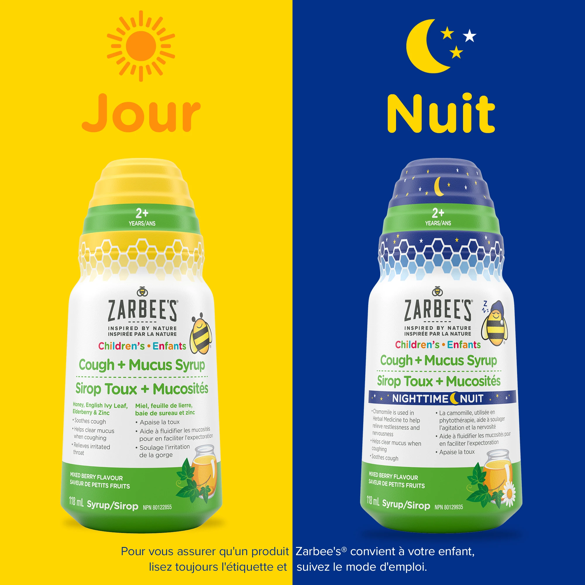 Sirop Zarbee’s® Toux + Mucosités pour enfants pour le jour et la nuit