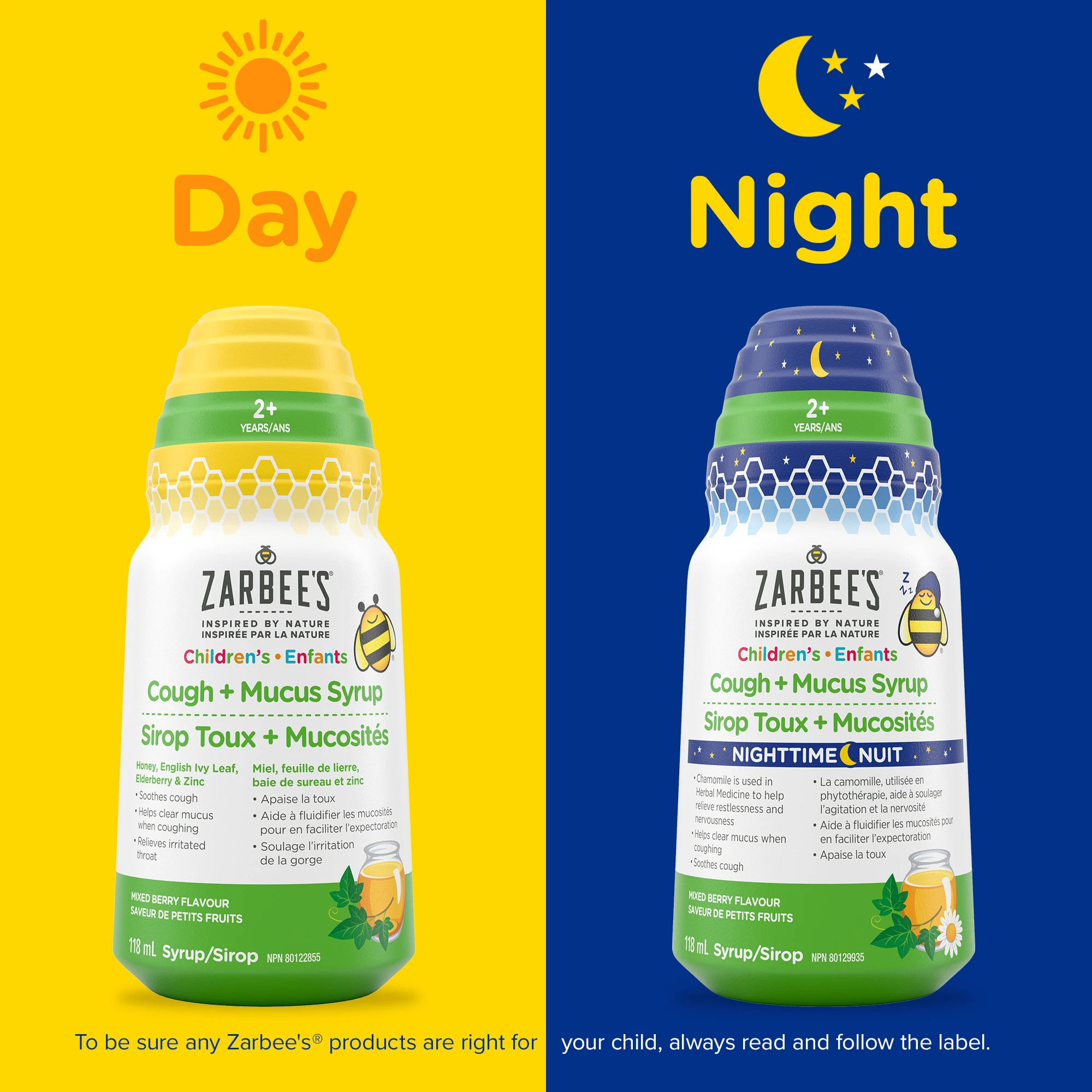 Zarbee’s Children’s Cough + Mucus Syrups for day and night