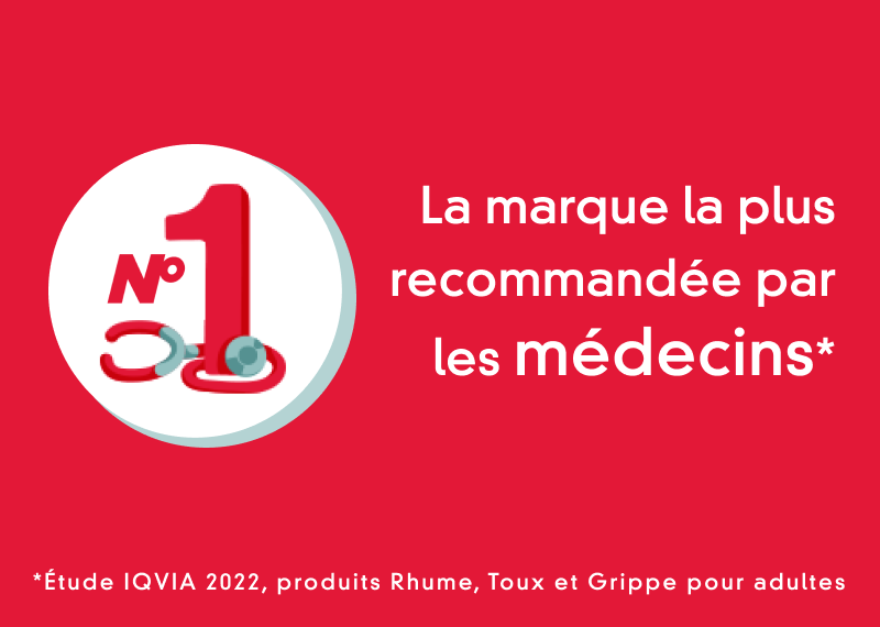 Logo numéro un avec l’image d’un stéthoscope et de la revendication : Tylenol La marque de produits pour le rhume, la toux et la grippe pour adultes la plus recommandée par les médecins. 