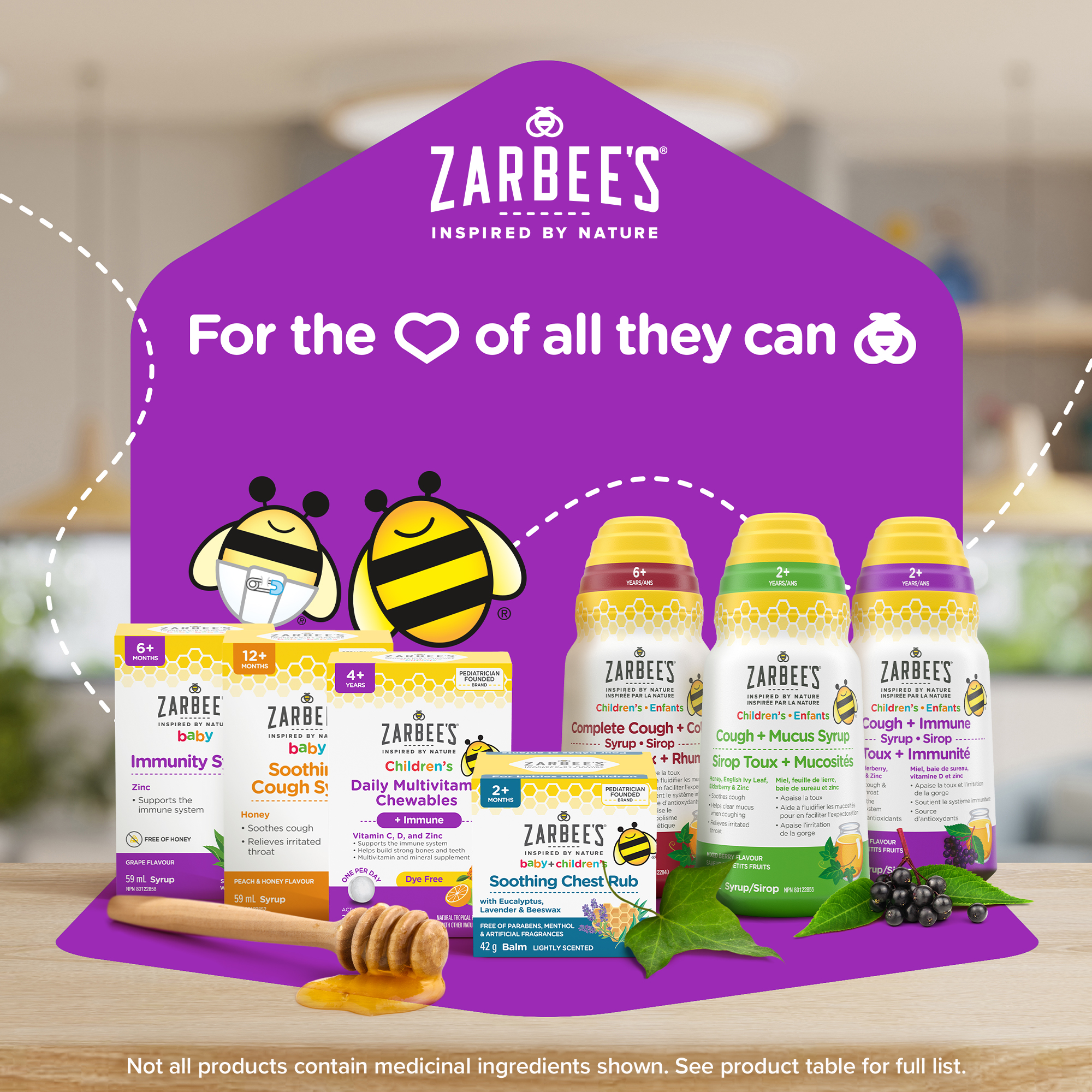 A collection of Zarbee’s products in a purple background