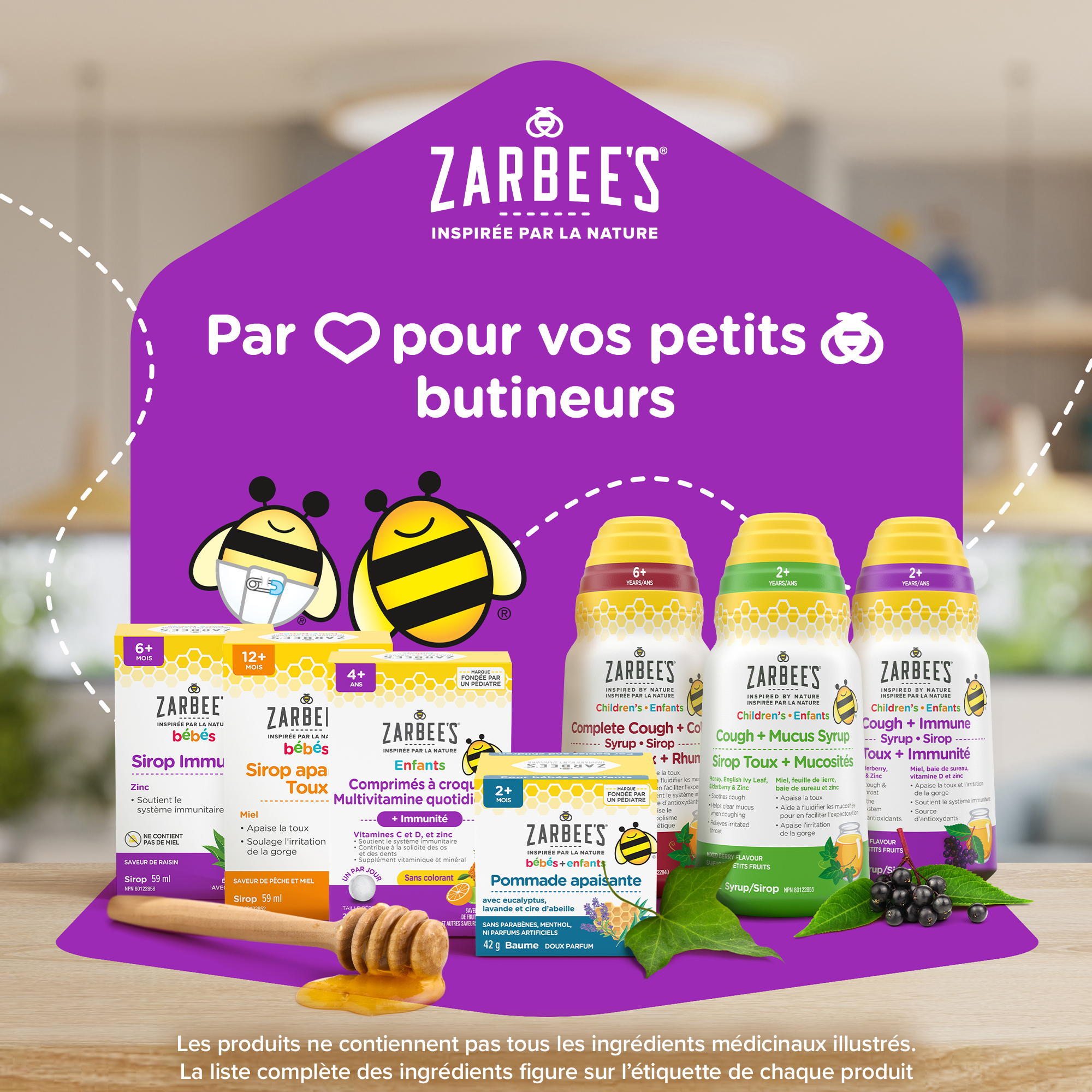 Une collection de produits Zarbee’s sur fond violet