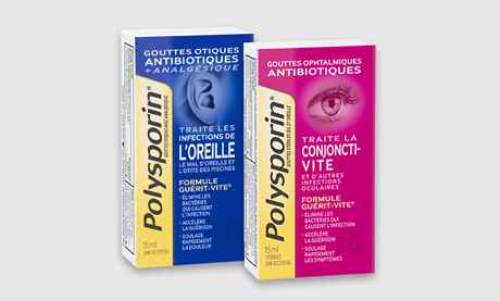 Image illustrant les gouttes otiques antibiotiques et les gouttes ophtalmiques antibiotiques POLYSPORIN®, en format de 15 ml.