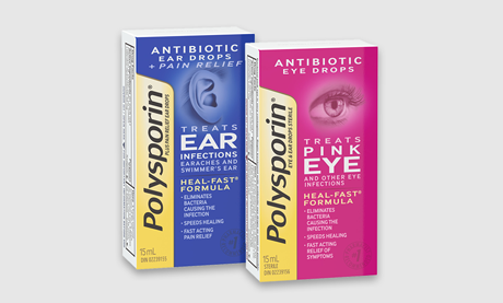 Front shot of POLYSPORIN® Antibiotic Ear Drops and Antibiotic Eye Drops Products, 15 mL each.