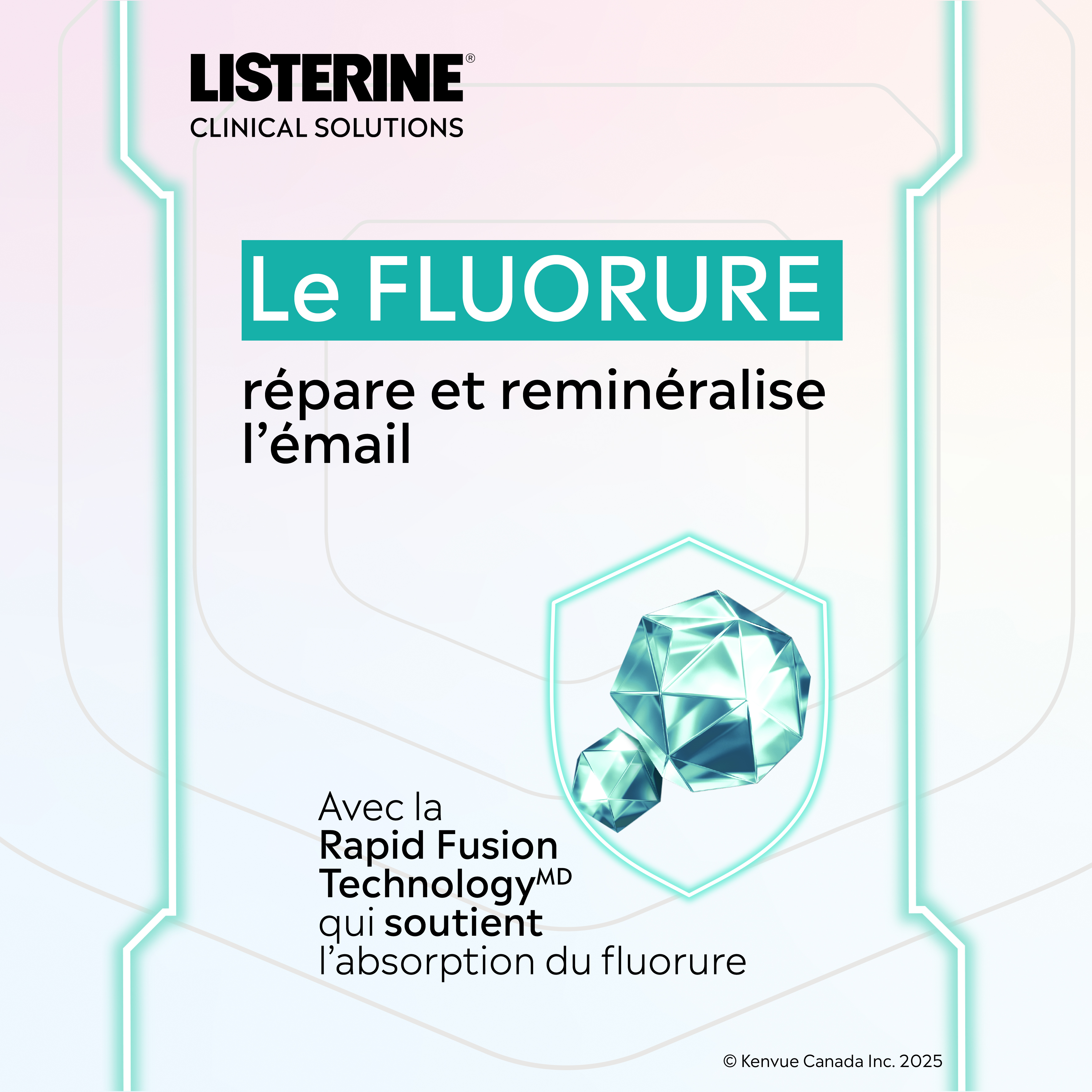 Illustration de la RAPID FUSION TECHNOLOGY® utilisée dans les produits fluorés Listerine Clinical Solutions pour réparer l'émail.