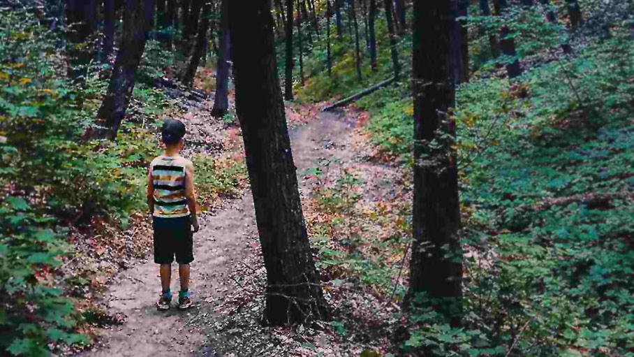 young boy standing on a dirt path in a forest