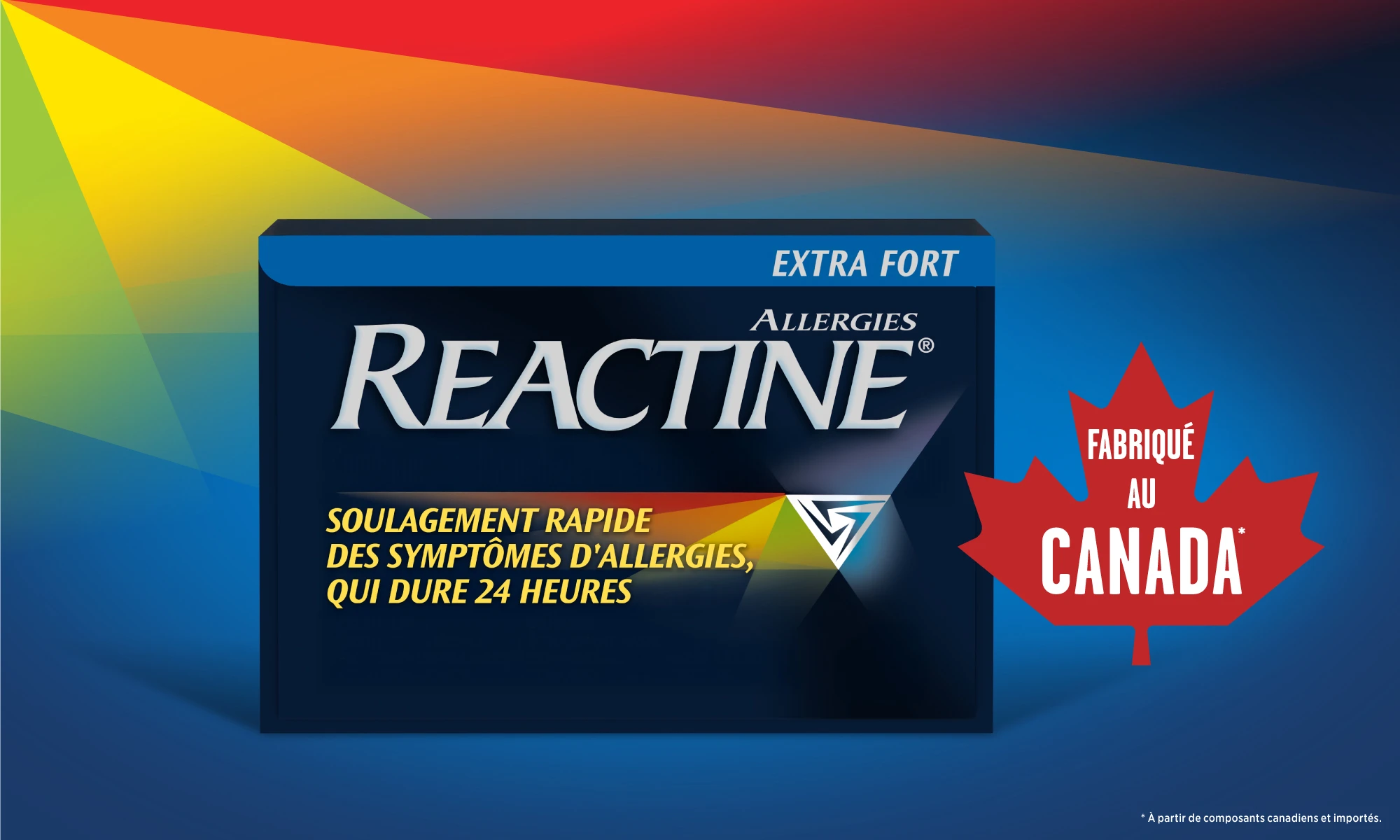 Produit REACTINE® Extra Fort avec l'icône <<Fabriqué au Canada>>