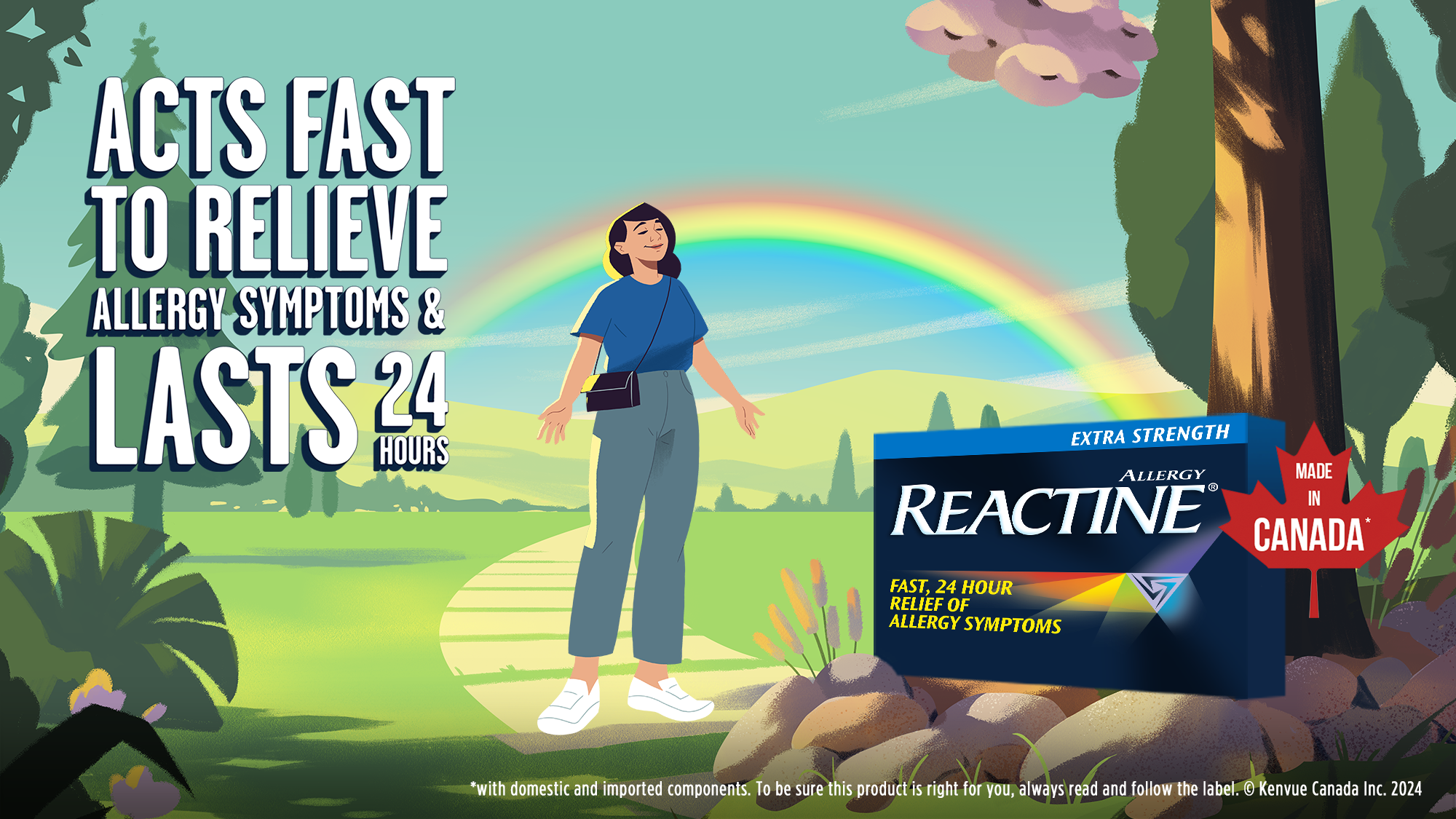  Women smiling and relaxing in a park; REACTINE® Extra Strength product with a “Made in Canada” icon