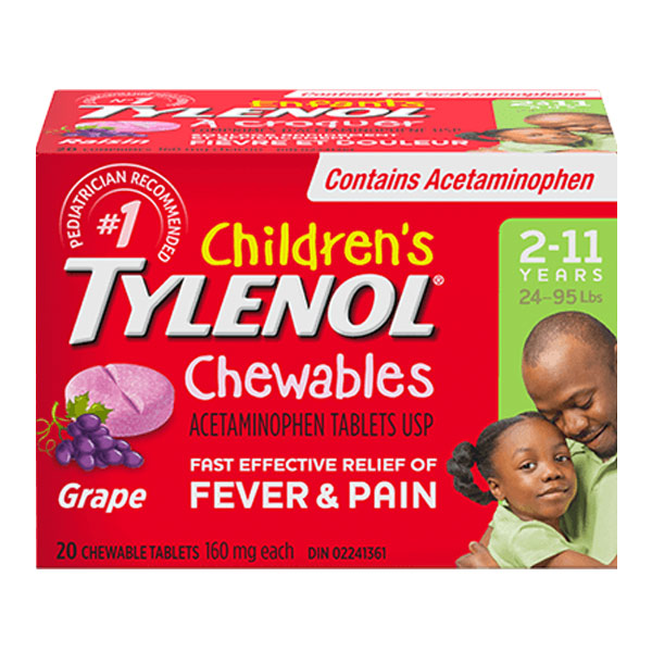 Front shot of Children’s TYLENOL® Chewables Acetaminophen tablets for Fever and Pain, 20 count.