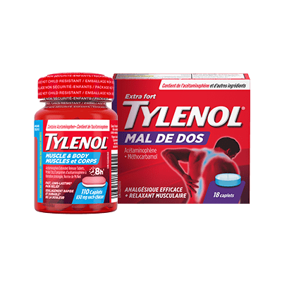 Flacon de 110 caplets TYLENOL® Muscles et corps, et boîte de 18 caplets TYLENOL® Mal de dos