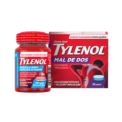 Flacon de 110 caplets TYLENOL® Muscles et corps, et boîte de 18 caplets TYLENOL® Mal de dos
