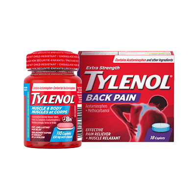 A bottle of TYLENOL® Muscle and Body caplets, 110 count and a packet of TYLENOL® Back Pain Caplets, 18 count