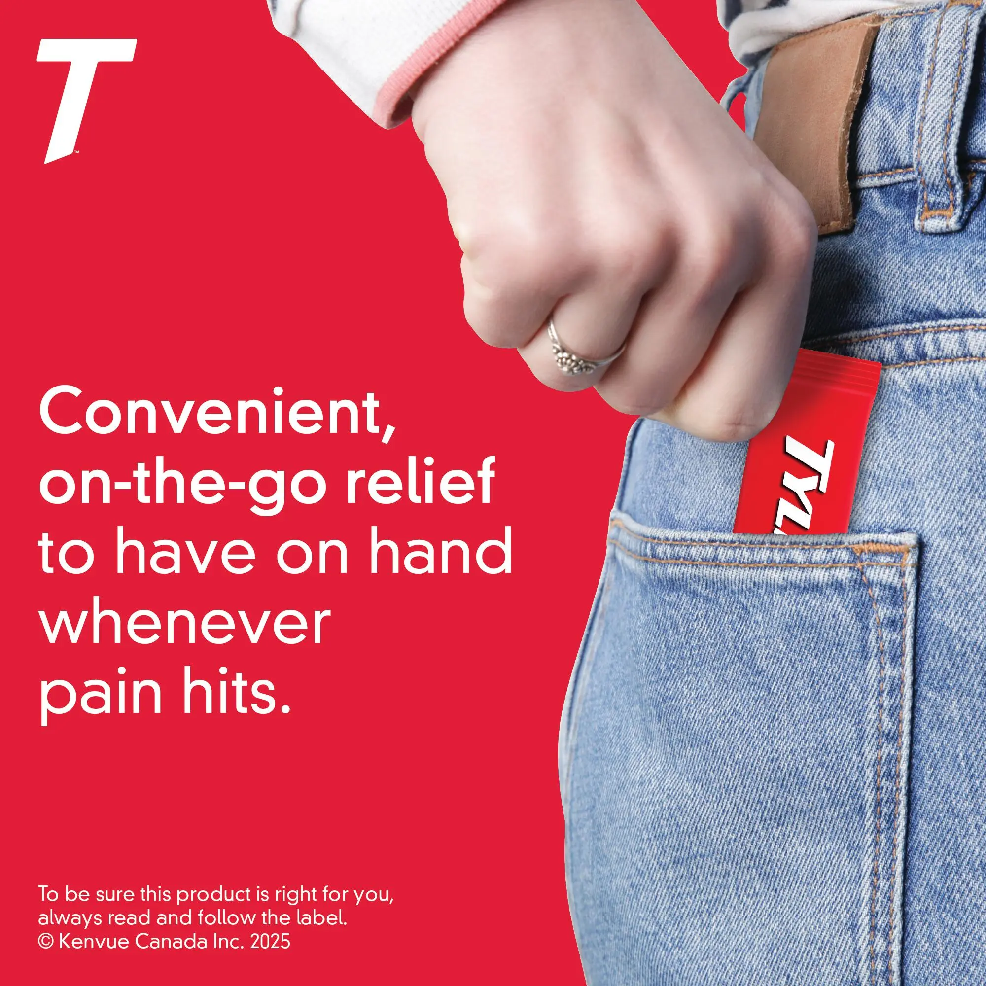 Person placing a pack of TYLENOL EASY DISSOLVE into their jeans pocket