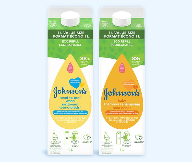 JOHNSON’S® HEAD-TO-TOE® Wash Refill Box and Baby Shampoo Refill Box, 1L each