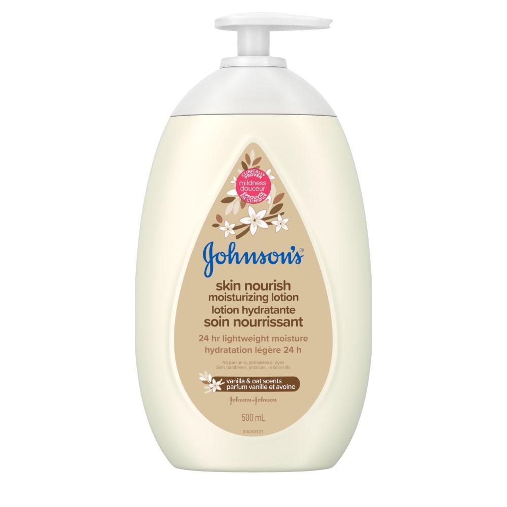 Avant du flacon-pompe de 500 ml de la lotion hydratante JOHNSON’S® Soin nourrissant