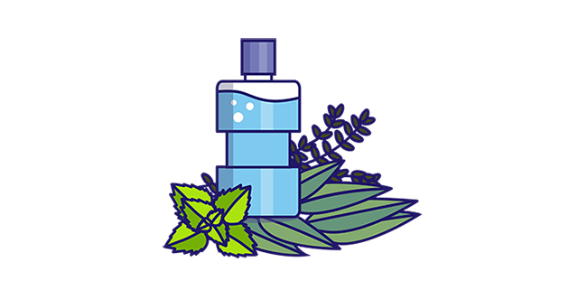 Mouthwash icon with eucalyptol, thymol, menthol