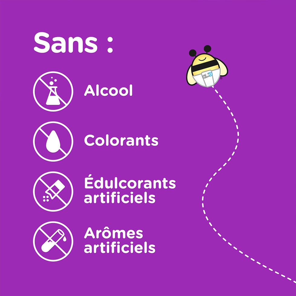 Revendication sur les produits Zarbee’s® : « Sans alcool, ni colorants, ni édulcorants ou arômes artificiels ». 