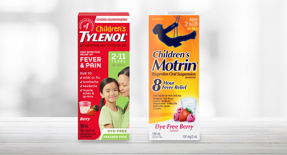 Children's Motrin and Children's Tylenol packaging