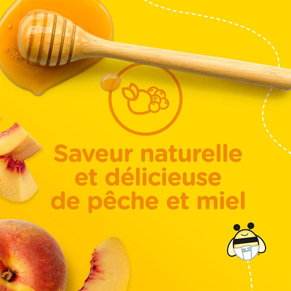 Des pêches et du miel sur une surface jaune avec la mention « Saveur naturelle et délicieuse de pêche et miel ». 