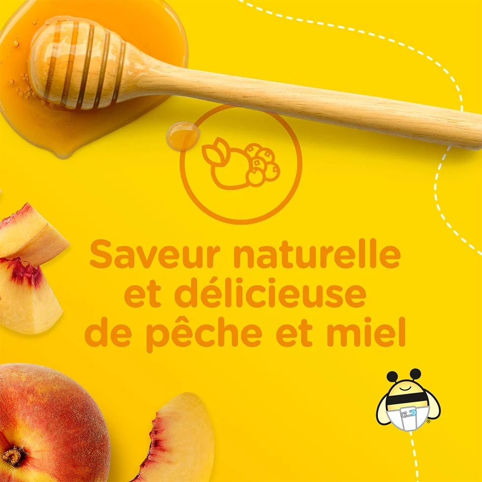 Des pêches et du miel sur une surface jaune avec la mention « Saveur naturelle et délicieuse de pêche et miel ». 
