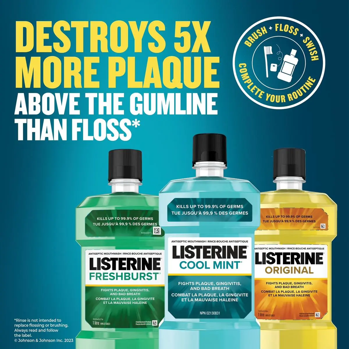 3 flacons de 1 L de rince-bouche antiseptique Listerine®, chacun affichant l’énoncé « Détruit 5X plus de plaque au-dessus de la gencive que la soie dentaire »