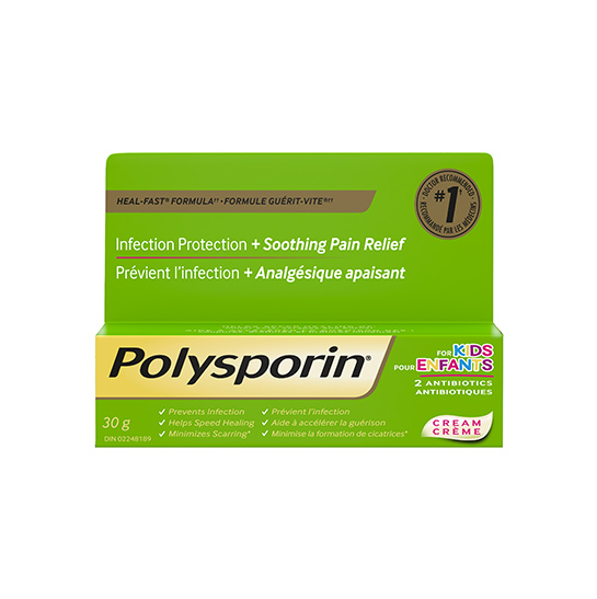 Crème POLYSPORIN® pour enfants, formule GUÉRIT-VITE®, prévient l’infection + analgésique apaisant, 30 g