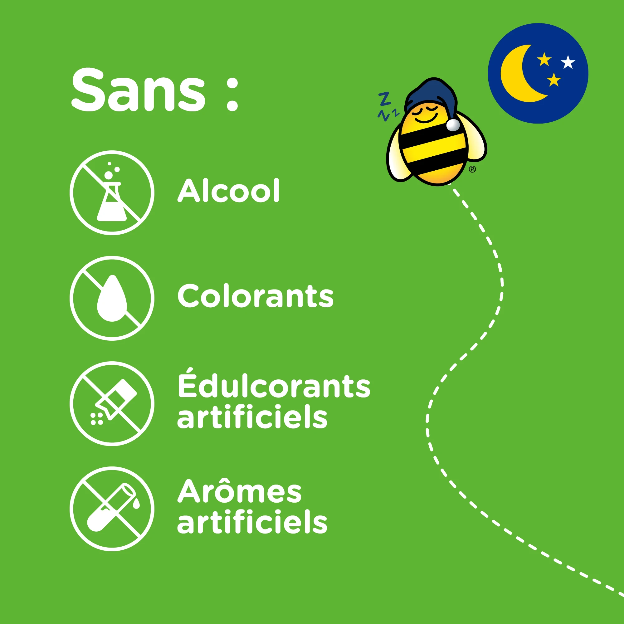 Le sirop Toux + Mucosités pour enfants pour la nuit de Zarbee’s® ne contient ni alcool, ni colorants, ni édulcorants artificiels, ni arômes artificiels.