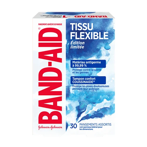 Boîte de pansements adhésifs de marque BAND-AID® en tissu flexible à motifs d'aquarelle, 30 pansements assortis, et 3 pansements présentés à côté de la boîte