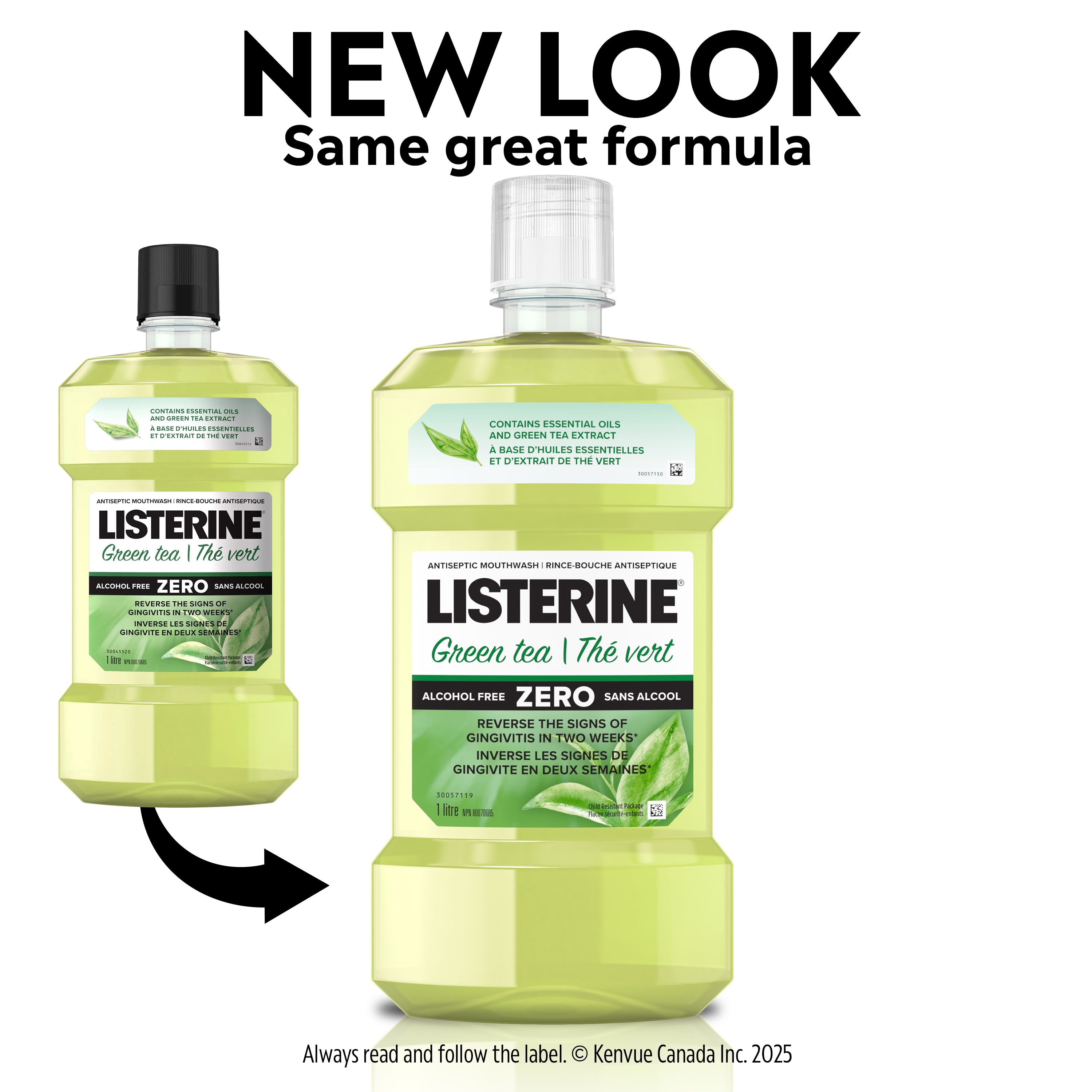 Photo de face du rince-bouche LISTERINE Clinical SolutionsMC Sensibilité réduite, à saveur de menthe fraîche, bouteille de 500 ml