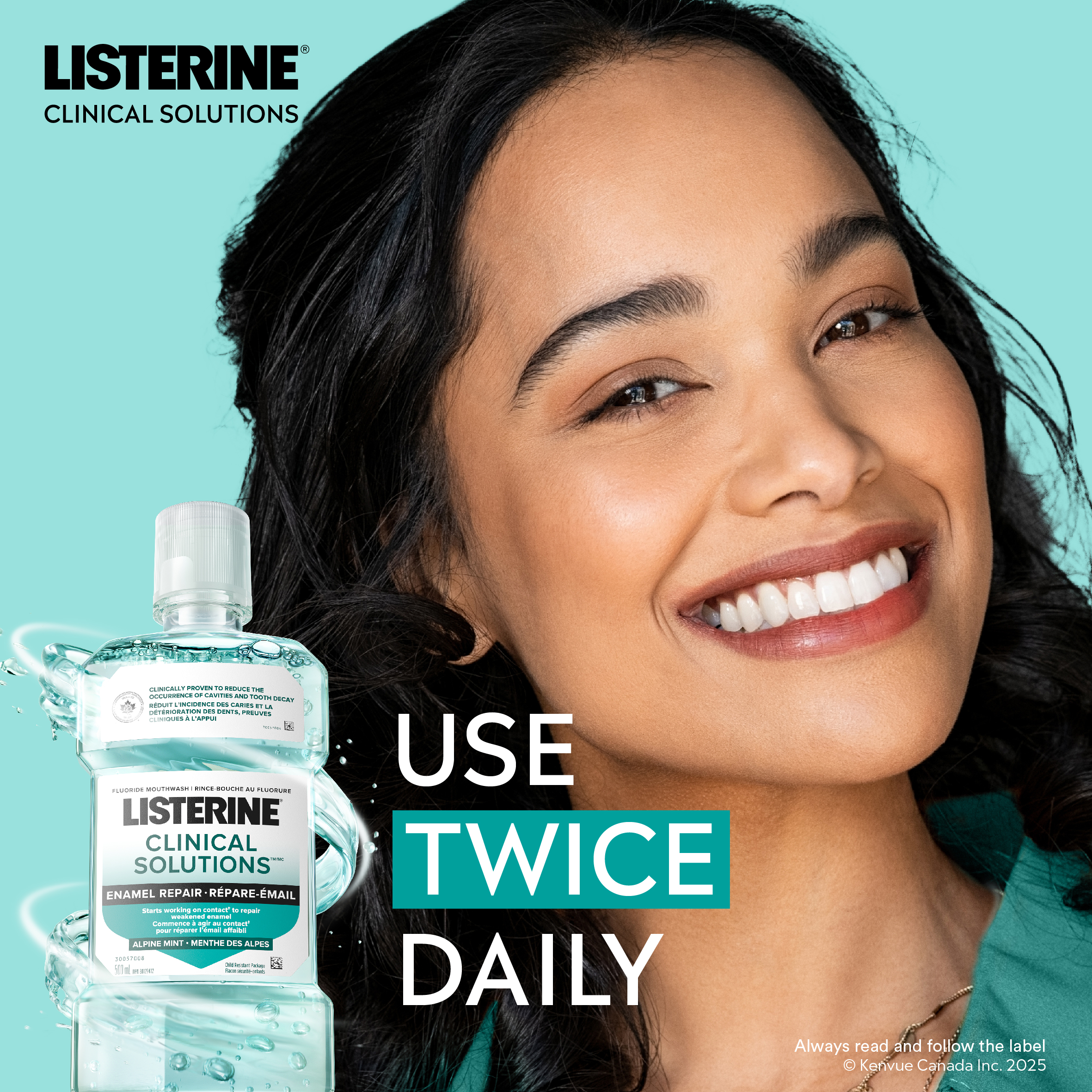 Young woman smiling showing  her teeth next to Listerine Listerine Clinical Solutions Mouthwash Enamel Repair Bottle