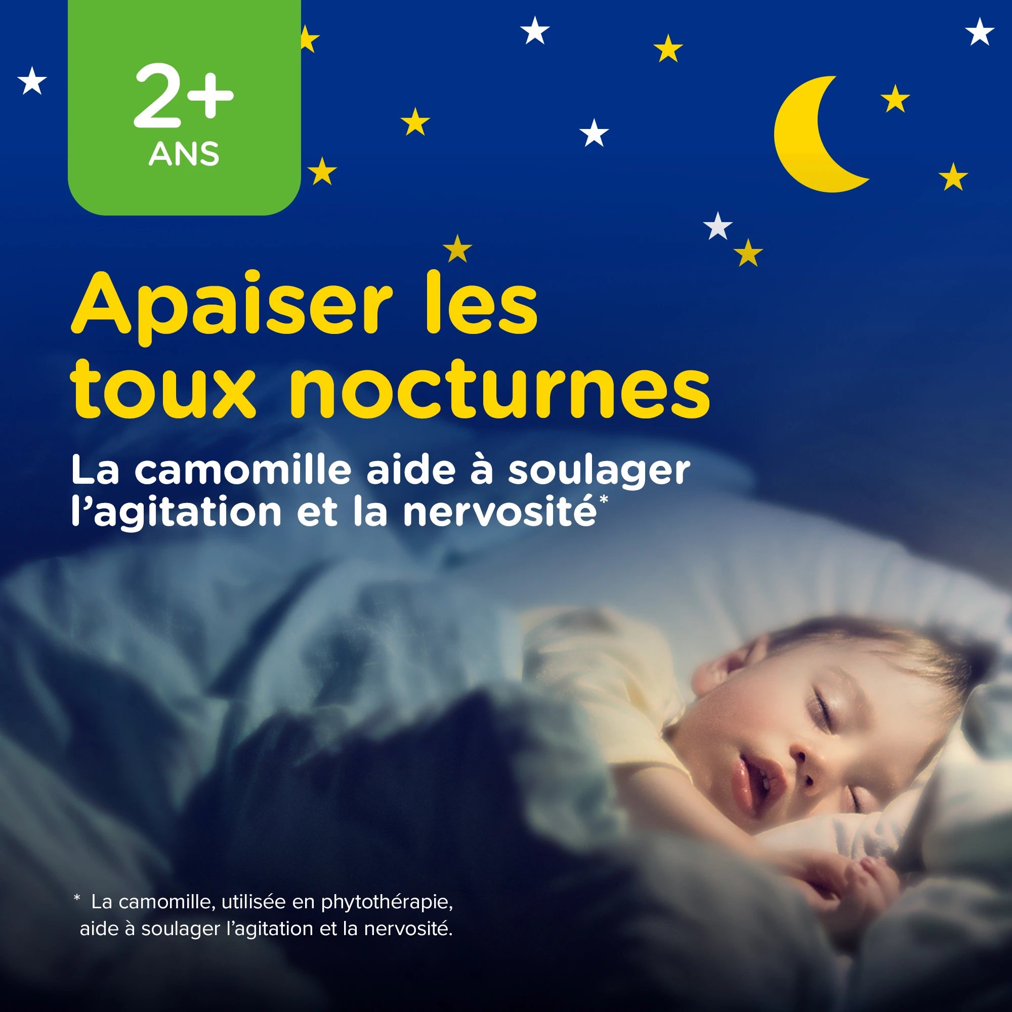 Jeune enfant dormant bien la nuit avec la mention « apaise la toux nocturne »