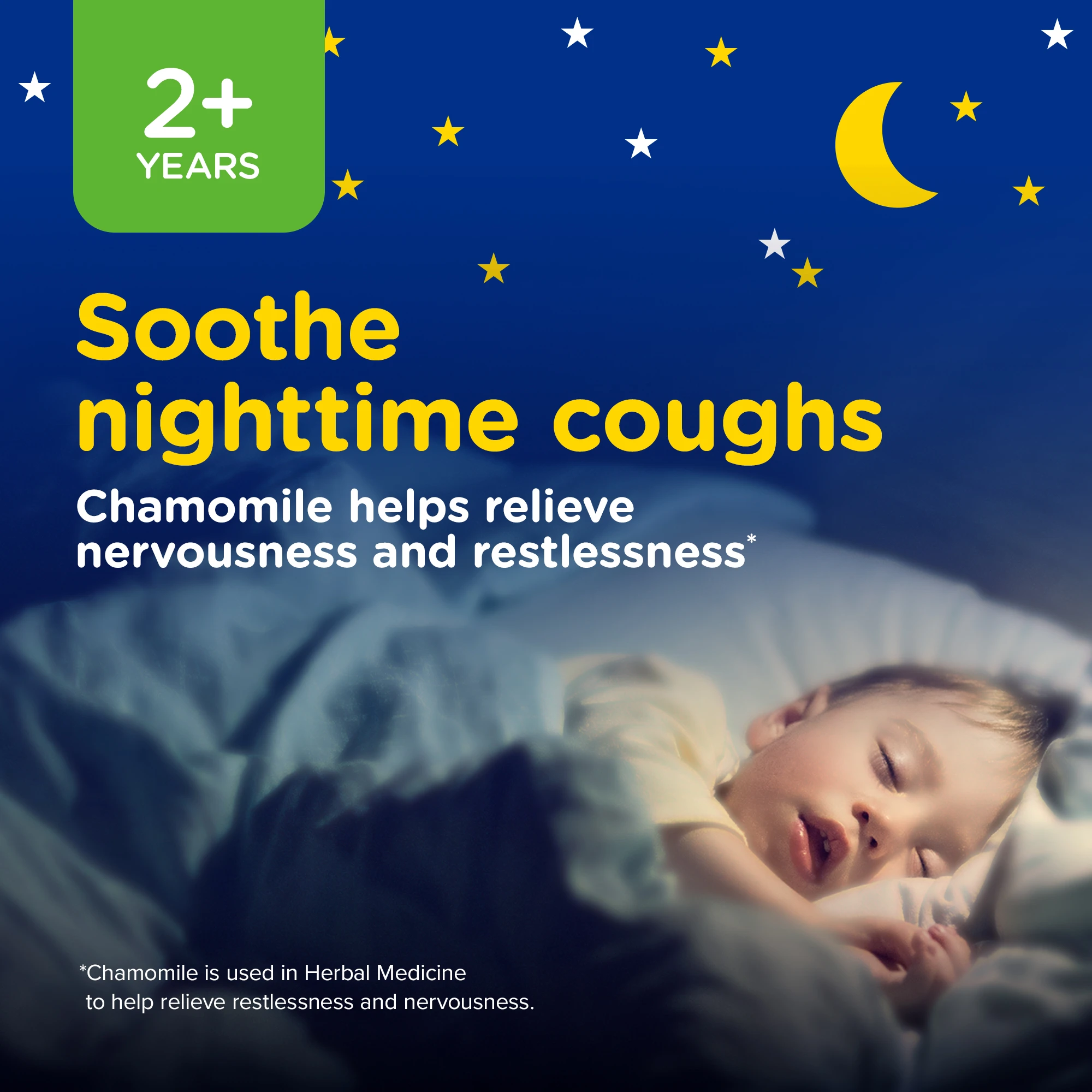 Little kid sleeping well at night with statement “soothe nighttime coughs”