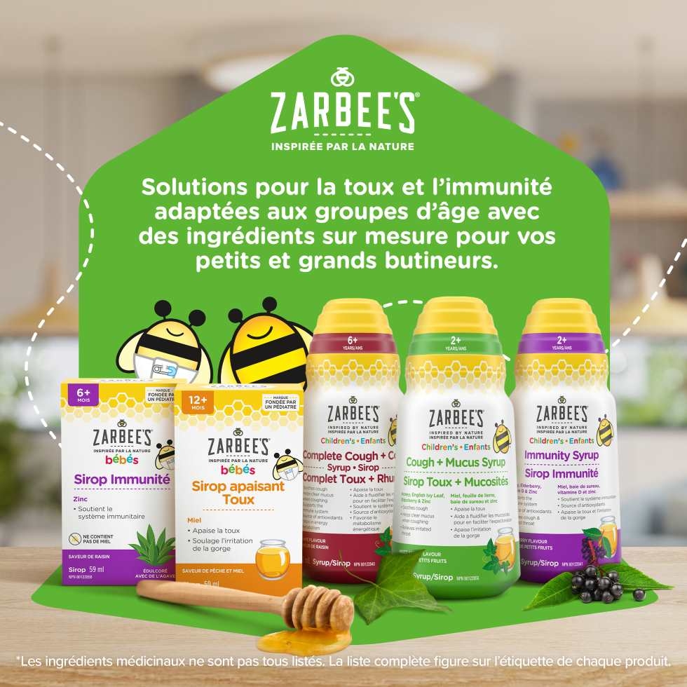 Cinq flacons de sirops Zarbee’s® Immunité et Toux pour bébés et enfants 