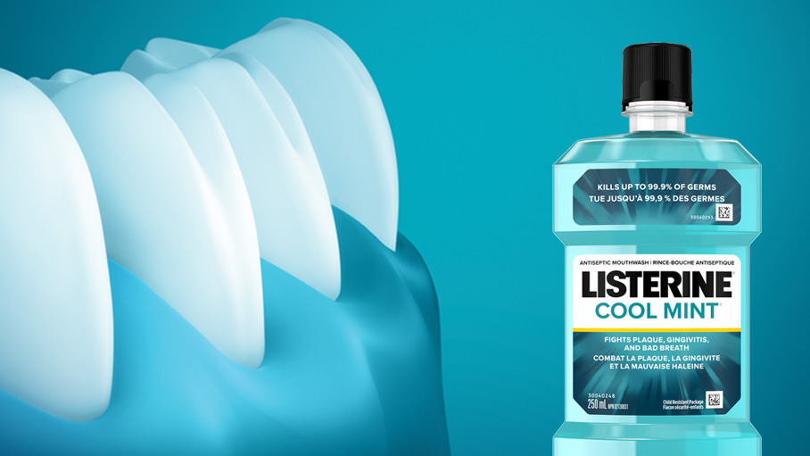 A banner with a Listerine® Moutwash bottle