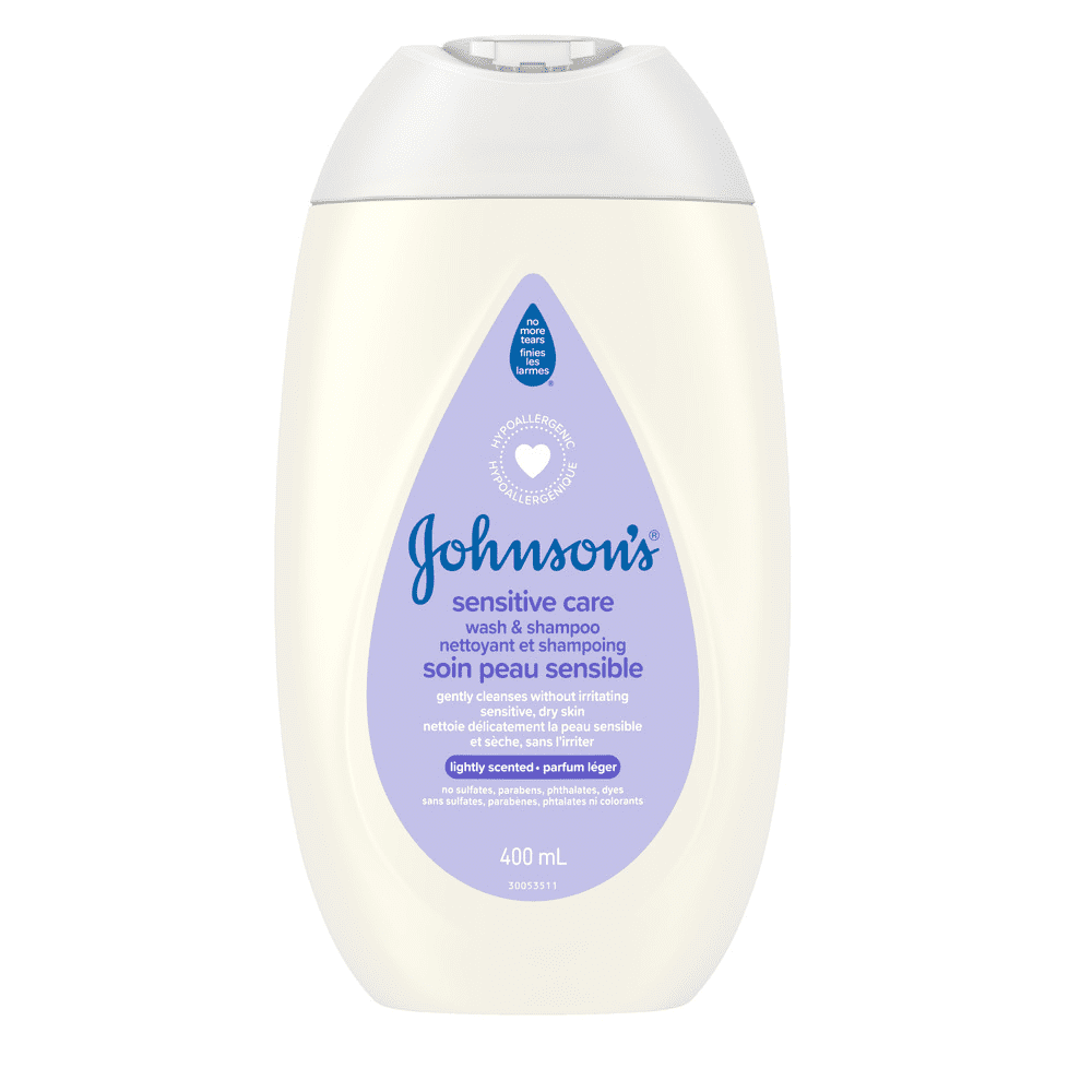 Panneau avant du flacon de 400 ml du nettoyant et shampoing JOHNSON’S® Soin peau sensible