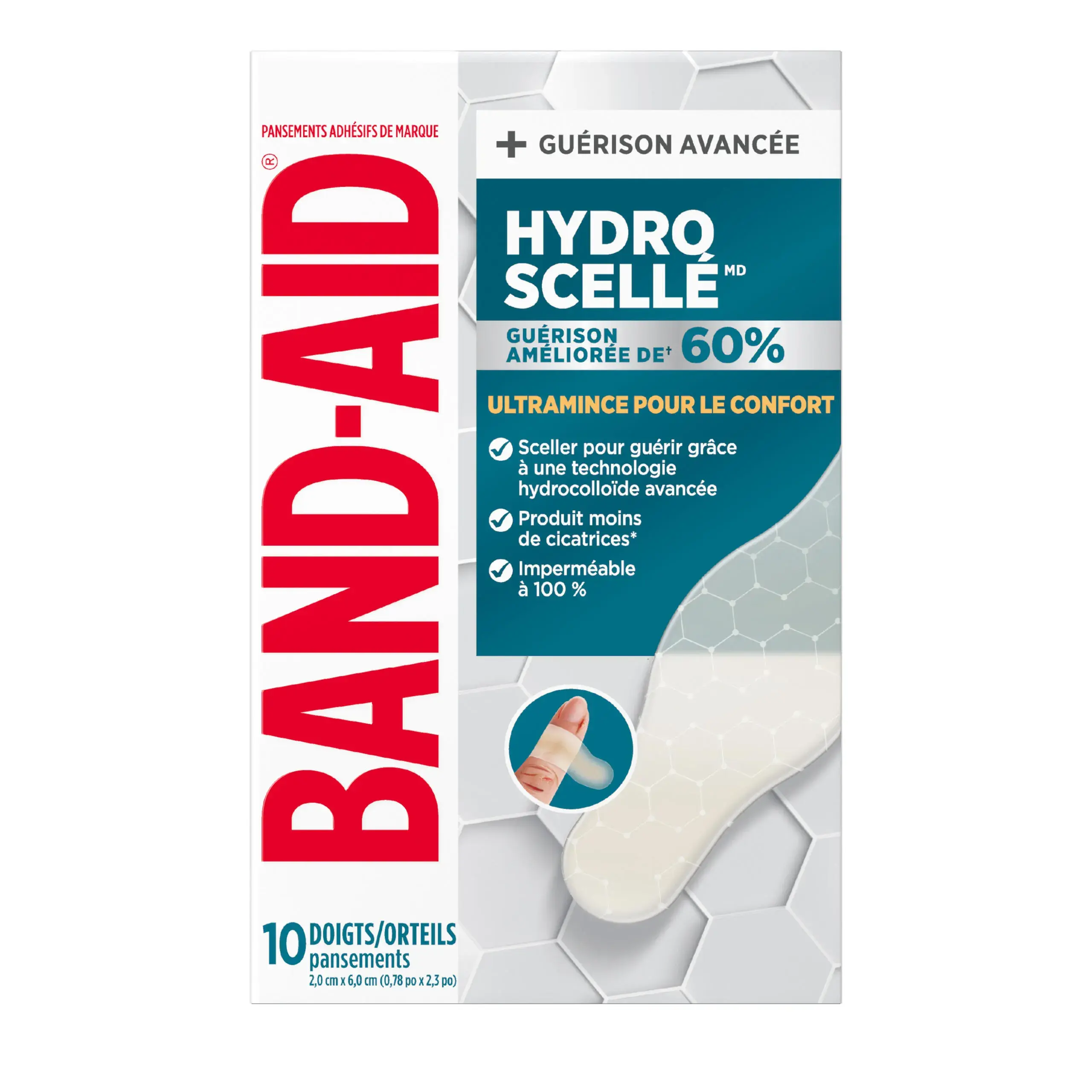 Photo avant des pansements ultrafins Hydro Seal pour les doigts et les orteils de BAND-AID®