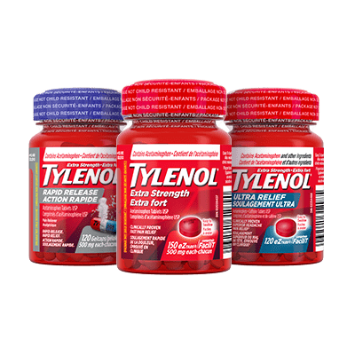 Three bottles of Tylenol Rapid Release, Extra Strength, and Ultra Relief
